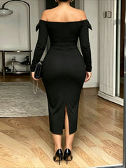 Off Shoulder Bow Long Sleeve Bodycon Dress