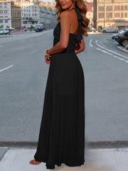 Fashion Ruched Halter Backless Slit Maxi Dress