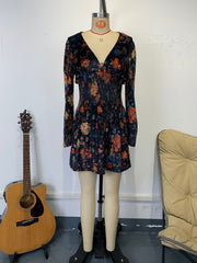 Elegant Floral Print V-neck Cinched Waist Mini Dress