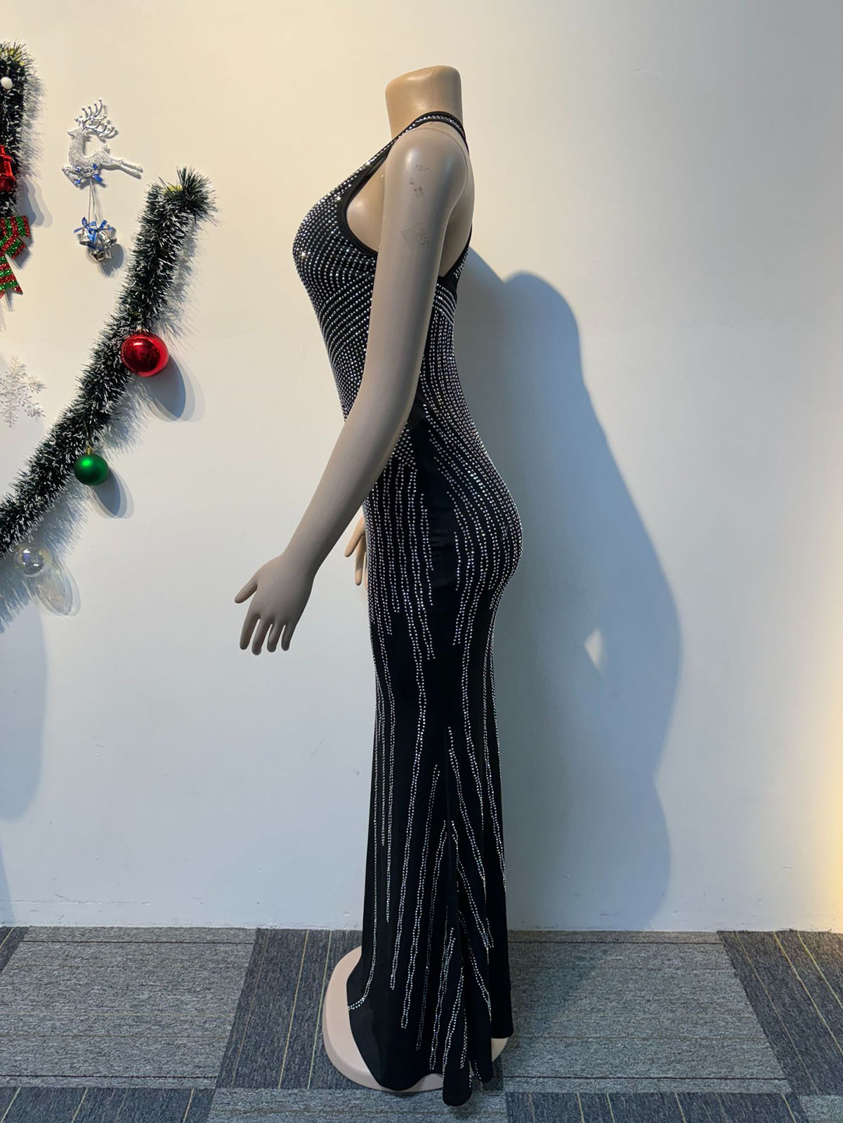 Deep V-Neck Vertical Line Rhinestone Maxi Dress