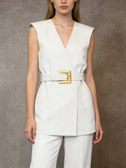 Fashion V Neck Sleeveless Belted Blazer Vest