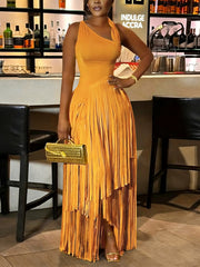 Fashion Sleeveless Cinch Waist Fringe Maxi Dress