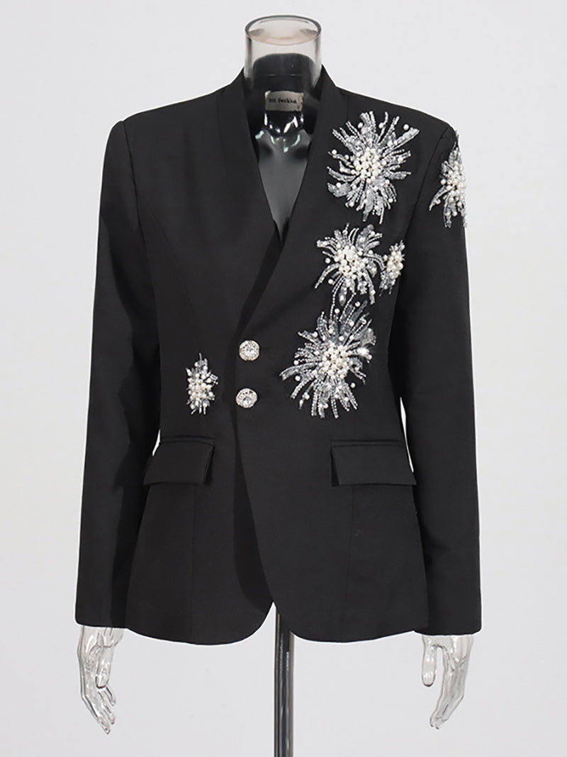 Fashion Rhinestone Pearl Decorate Slim Blazer