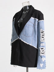 Denim Stitched Single Breasted Loose Long Blazer