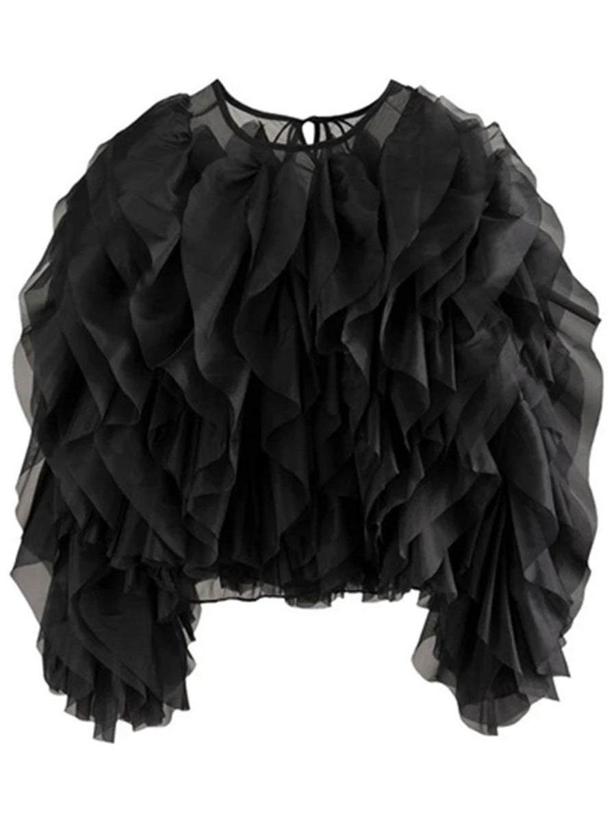 Fashion Long Sleeve Ruffle Tulle Crop Top