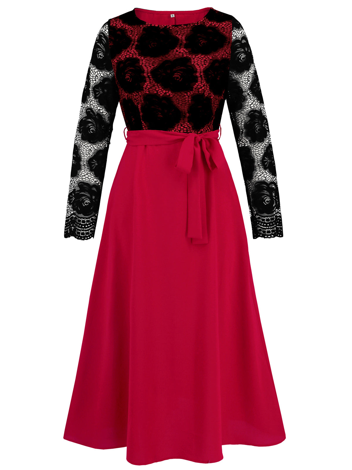 Rose Pattern Lace Long Sleeve Waist Cinch Midi Dress