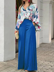 Long Sleeve Print Shirt and Wide Leg Pants Two Piece