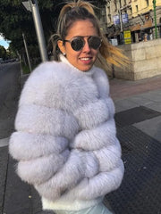 Collarless Tiered Faux Fur Cropped Jacket