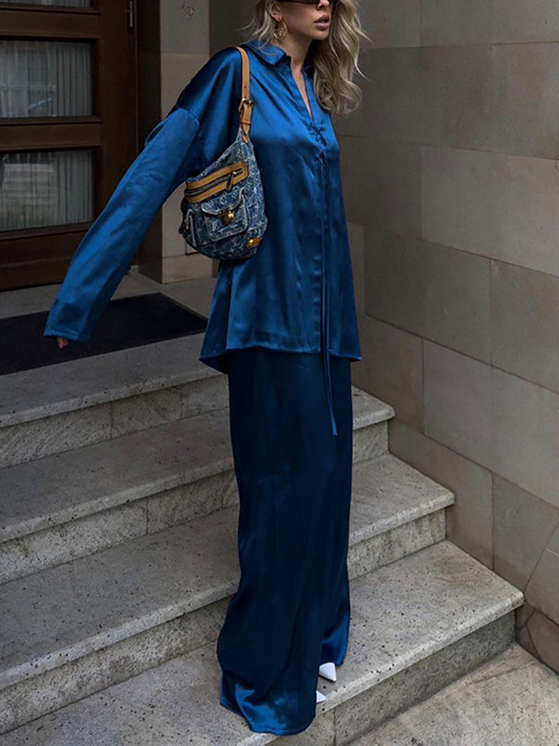 Fashion Loose Satin Casual Pants Two Piece Sets