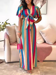 Striped Print Lace-Up Bow Slim Waist Maxi Dress