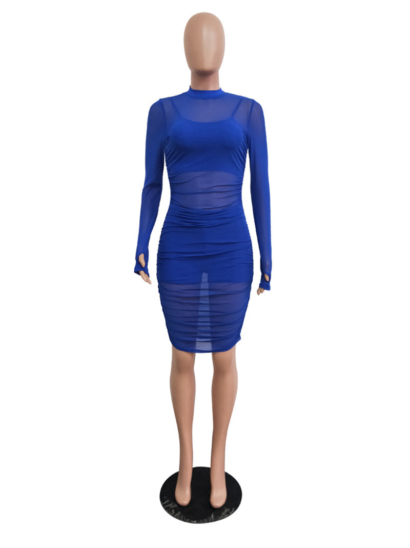 Sexy Sheer Mesh Ruched Bodycon Dress 3 Piece Sets