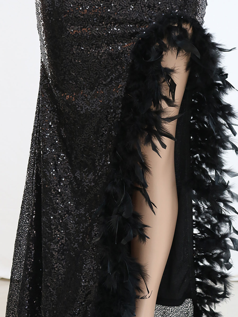 Sexy Sequin Backless Feather Slit Club Party Dress
