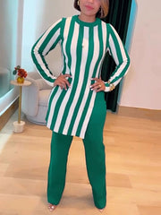 Stripe Slit Round Neck Tops Straight Leg Pants Sets