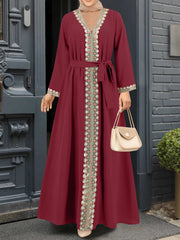 Elegant V Neck Long Sleeve Muslim Maxi Dress