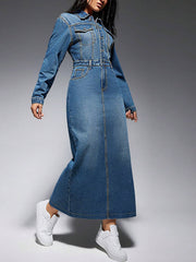 Fashion Lapel Button High Waist Slim Denim Dress