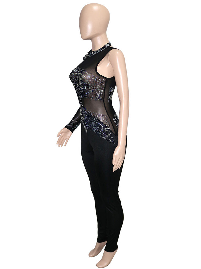 Sexy See through Mesh Rhinestone Bodycon Jumpsuit