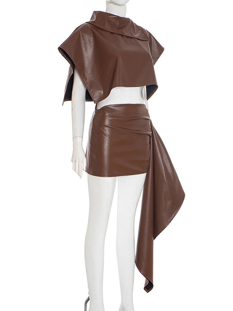 Faux Leather Crop Top and Package Hip Skirt Sets