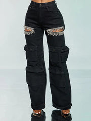 Rhinestone Hollow Out Cargo Jeans