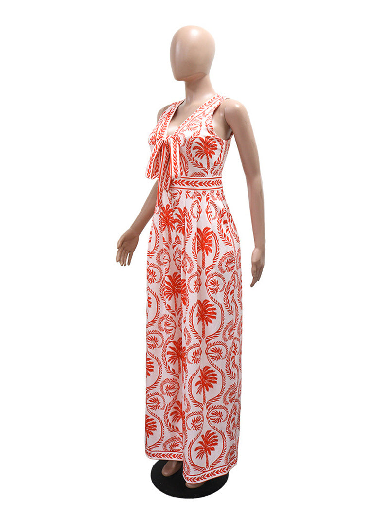 Sexy V Neck Print Tie Front Lace-up Wide Leg Jumpsuit