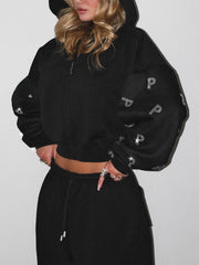 Fashion Rhinestone Cropped Hoodie Straight Pants Set