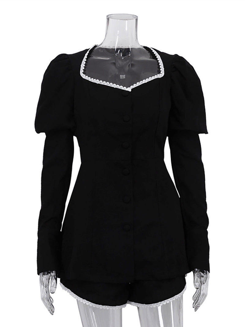 Casual Puff Sleeves Lace Spliced Shorts Sets