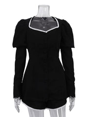 Casual Puff Sleeves Lace Spliced Shorts Sets