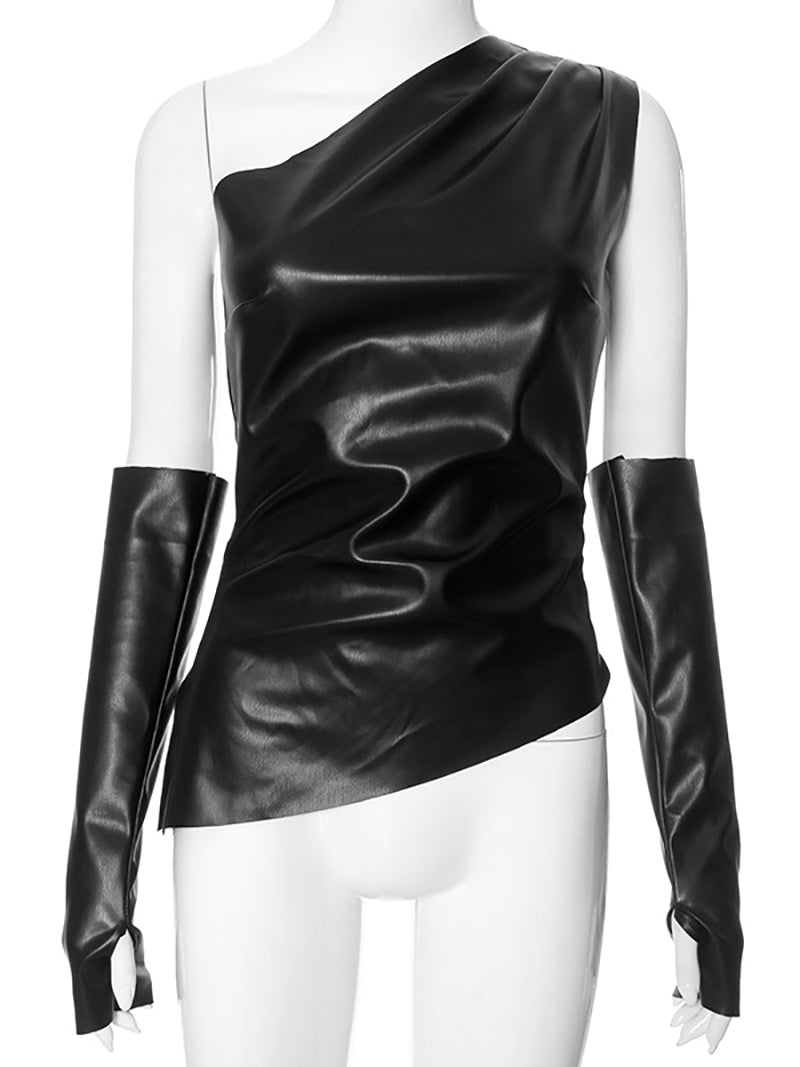 Fashion PU Leather One Shoulder Asymmetry Tops