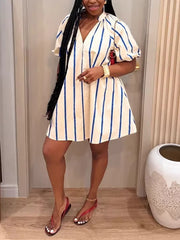 Casual Striped V Neck Puff Sleeve Loose Mini Dress