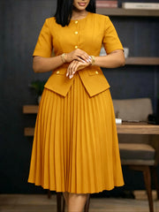 Pleated Faux Two Piece Midi Dress with Belt