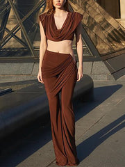 Elegant Crop Top and Package Hip Trousers Sets