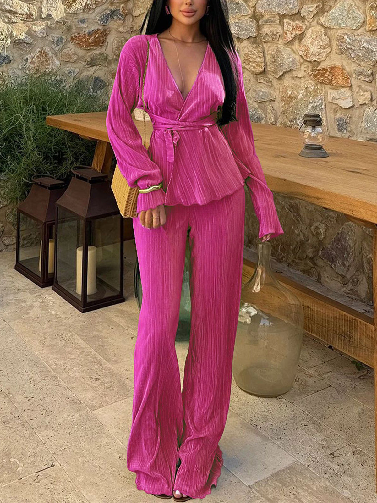 V-Neck Lace-up Pleated Top Loose Pants Casual Set
