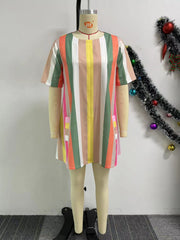 Contrast Color Stripe Print Short Sleeve Causal Dress