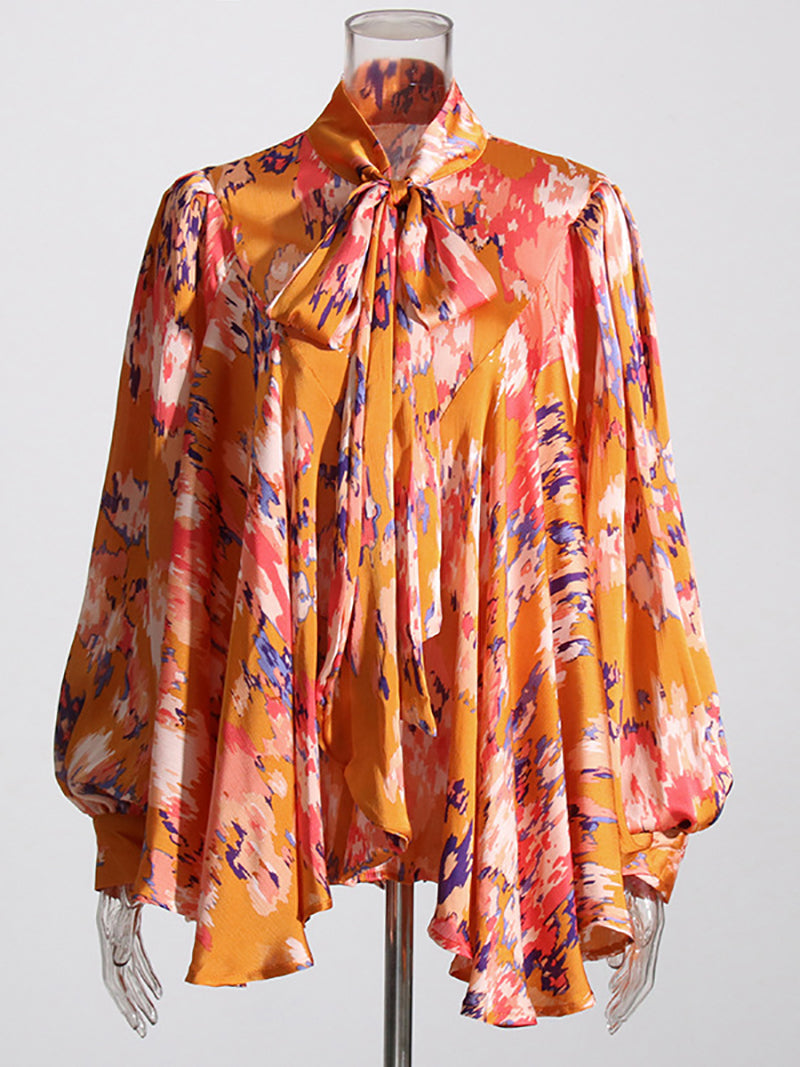 Neck-Tie Long Sleeve Print Shirt Top