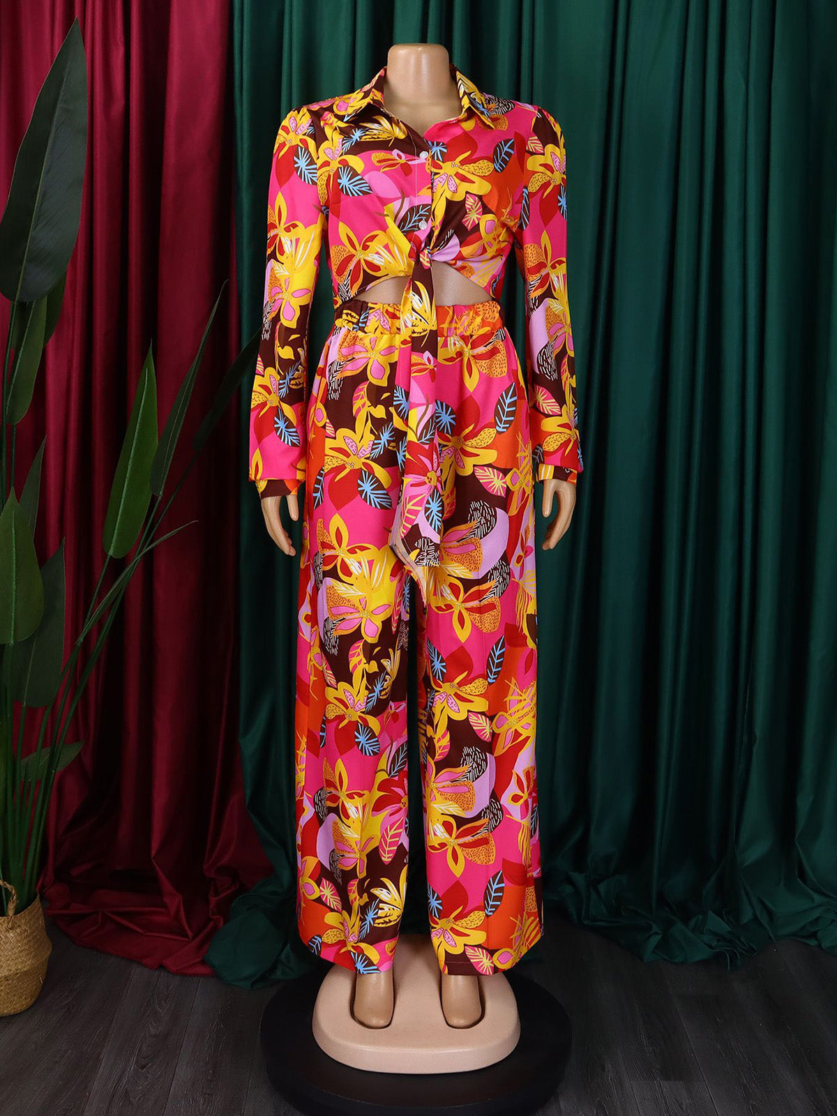 Fashion Print Bandage Shirt Wide Leg Trousers Sets