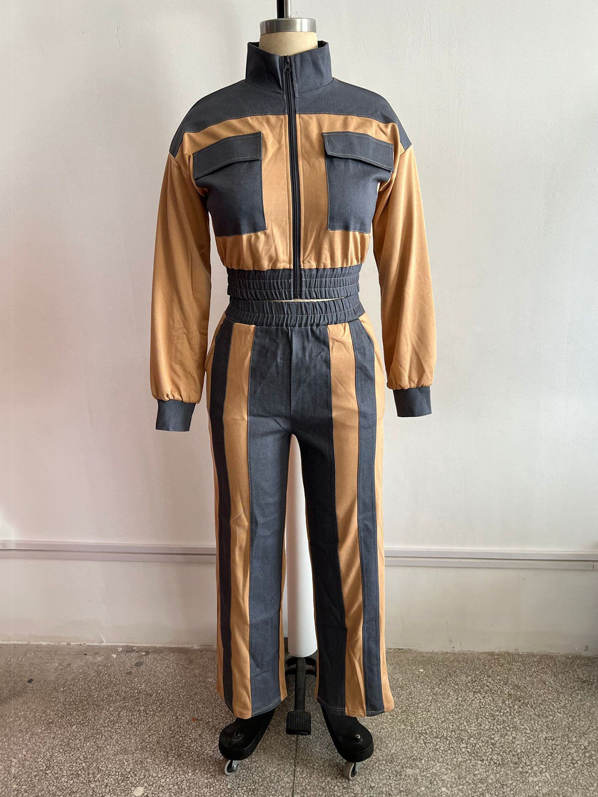 Fashion Denim Patchwork Pocket Top and Pants Set