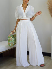 Casual V Neck Crop Top And Wide Leg Pants Set