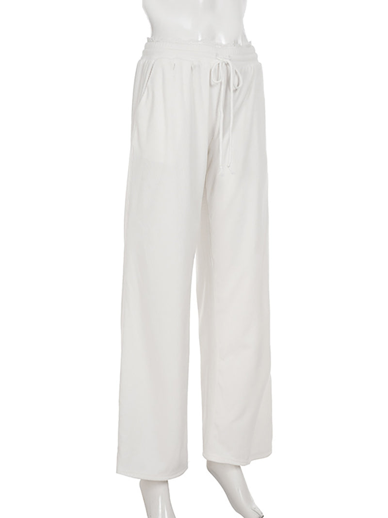 Lace Patchwork Drawstring Corduroy Straight Pants