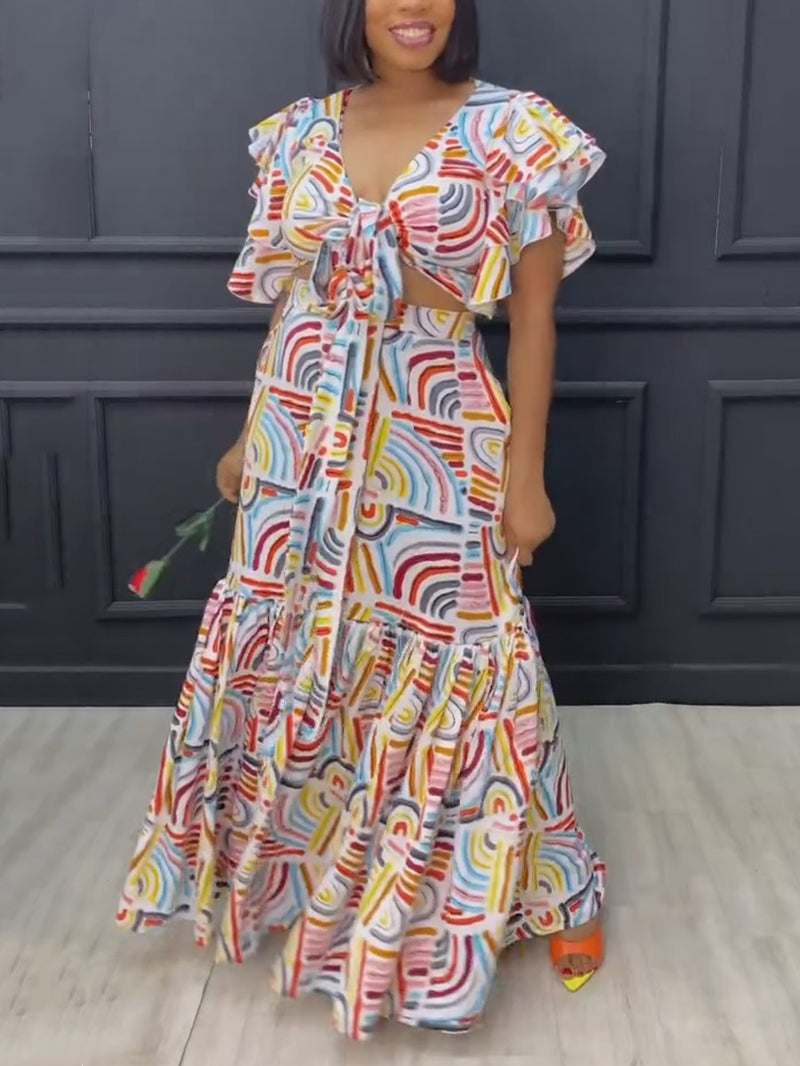 Sexy Print Ruffles Bandage Long Skirt Set