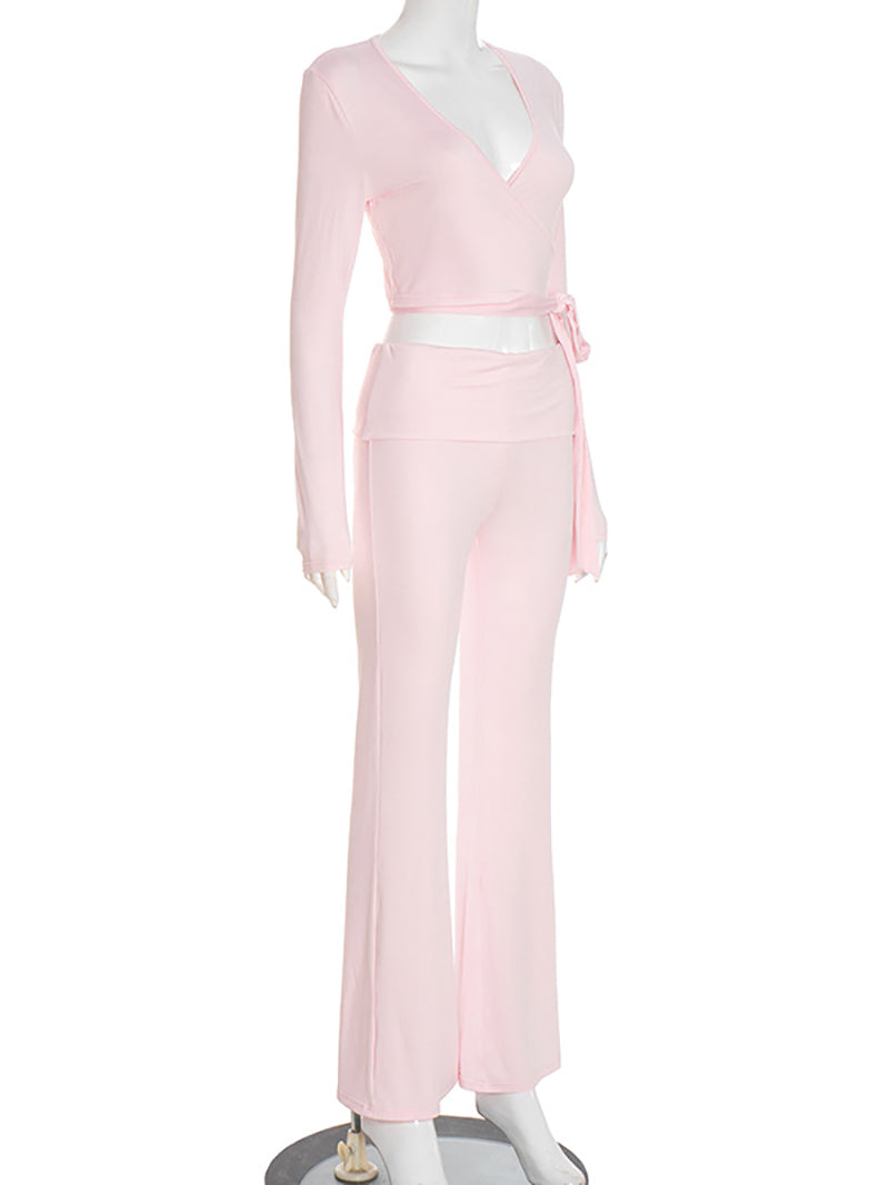 Casual Lace-up Crop Top High Waist Pants Sports Set