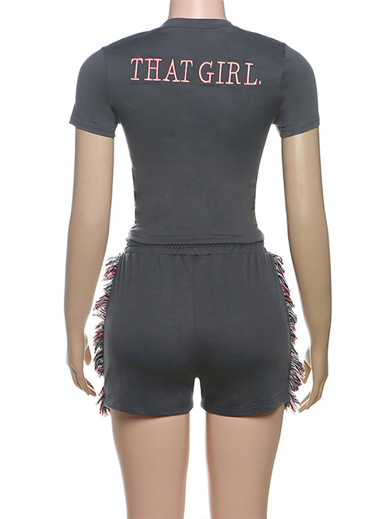 Casual Crop Top Shorts Fringe 2 Piece Set
