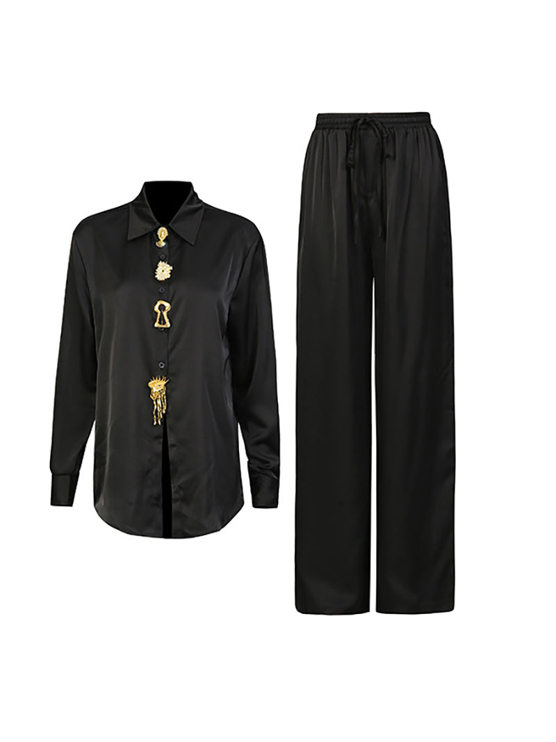 Elegant Single-breasted Shirt And Pants Casual Set
