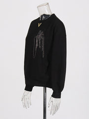 Round Neck Casual Loose Rhinestone Decor Hoodie