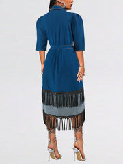 Plus-Size Two-Tone Fringe Lapel Denim Dress