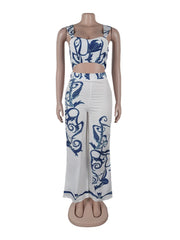 Sleeveless Print Crop Vest High Waist Wide Leg Pant Set