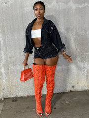 Denim Cropped Jacket and Frayed Shorts Set