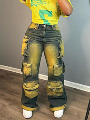 Fashion Multi-Pocket Washed Cargo Jeans