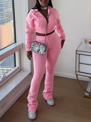 Casual Zipper Crop Hoodie and Pants Sports Sets