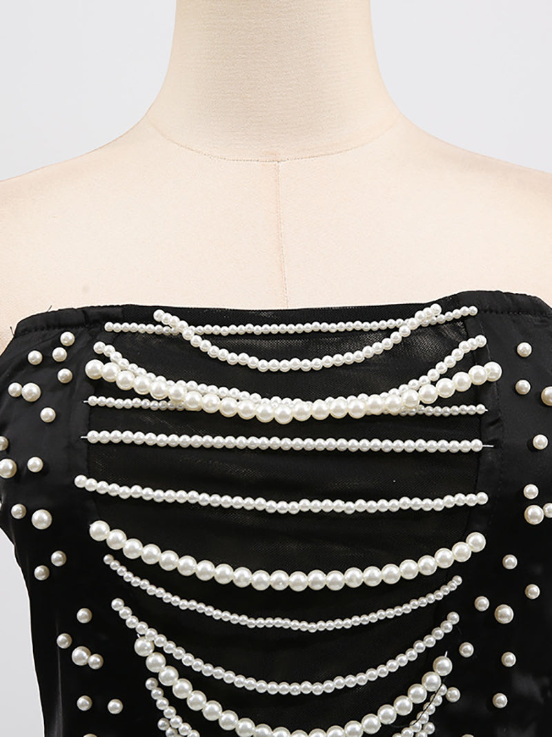 Fashion Pearl Chain Embellished Mesh Patchwork Tube Top