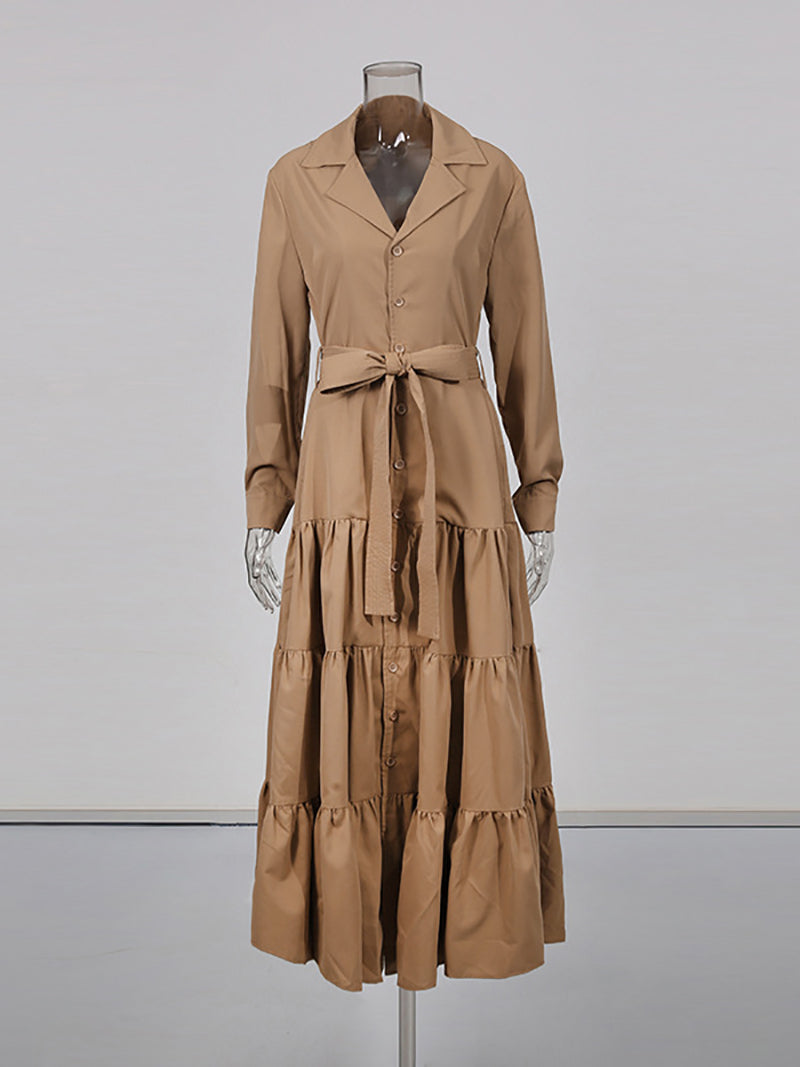 Elegant Lapel Long Sleeve Cinched Waist Maxi Dress