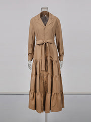 Elegant Lapel Long Sleeve Cinched Waist Maxi Dress